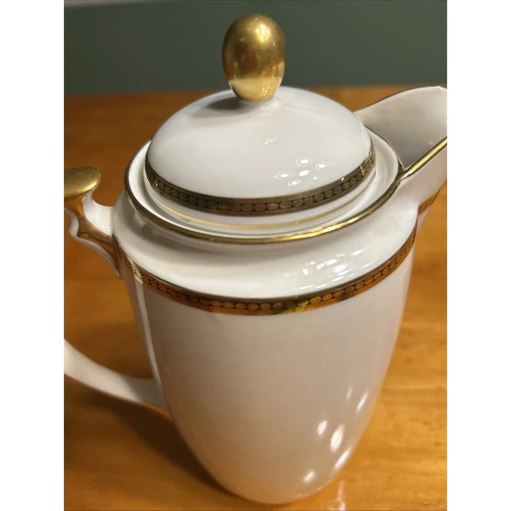 Vintage White Porcelain Coffee Pot Gold Black Greek‎ Key Trim Gilded Tea Server